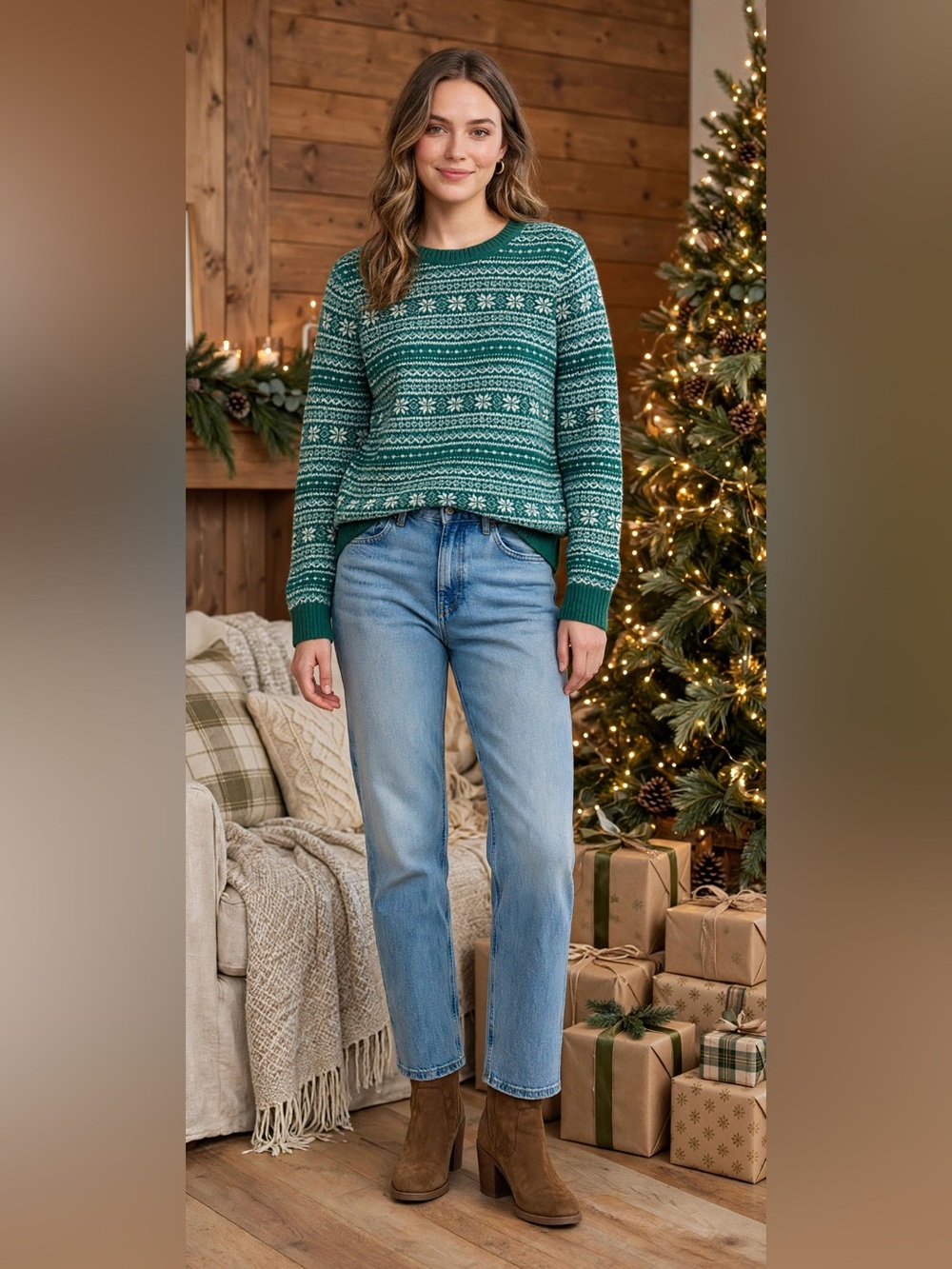 croft & barrow Green and White Fair Isle Crewneck Sweater